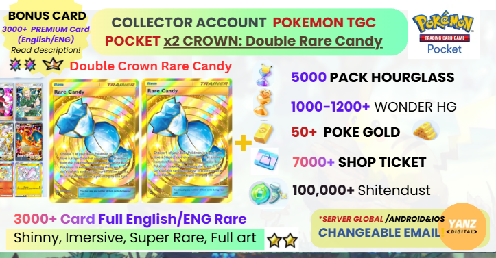 Pokemon TCG Pocket 账号 | 双冠稀有糖果 2，英文卡牌 3000+ + 包 HG 5000 + 奇迹 HG 1500+ + 票券 7000 + 宝可梦金币 50