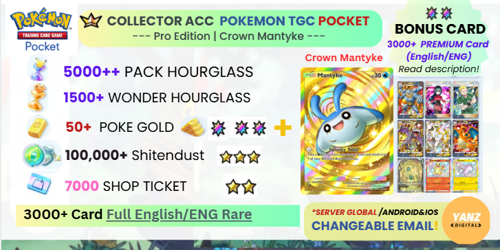 Pokemon TCG Pocket 账号 | Crown Mantyke 3000+ 卡牌 英语 + 5000 包 HG + 1500+ 奇迹 HG + 7000 票券 + 50 宝可金币