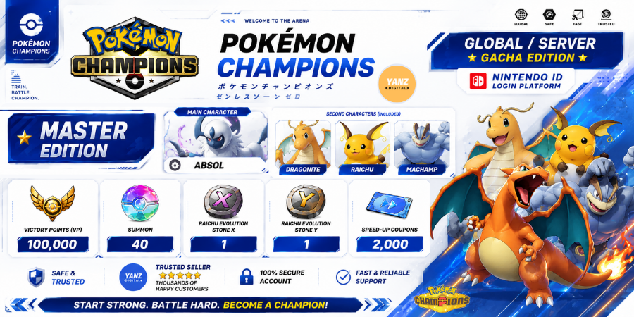 账号 Pokemon Champions | 阿勃梭鲁 + 100000 胜利点数 + 喷火龙，雷丘，怪力 + 1 雷丘 X 1 雷丘 Y + 2000 优惠券
