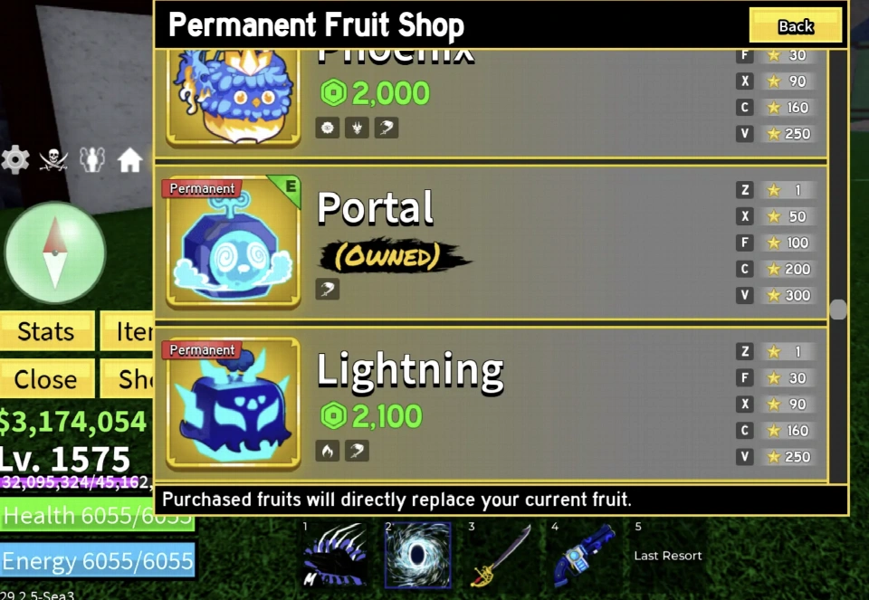 Blox Fruits账号 Lv.1575 | PERM Buddha, Portal, Dough | Dark Blade | 第三海域已准备 | 丰富水果和武器