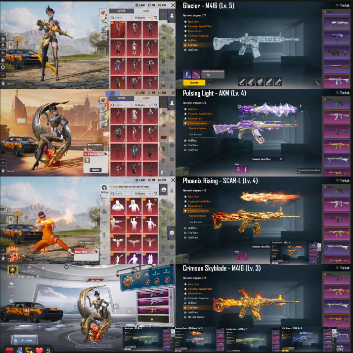 凤凰 XSUIT 2 星 | M4 冰川 LV5 | AKM LV4 | 道奇 SRT 地狱猫 | 33 重型实验室 | 征服者边框 | 神话大厅 | 65 神话