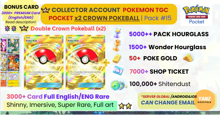 Pokemon TCG Pocket 账号 | Double Crown Poke Ball 2 英文卡牌 3000+ 张 + 包 HG 5000 个 + 奇迹 HG 1500+ 个 + 票券 7000 张 + 口袋金币 50 个