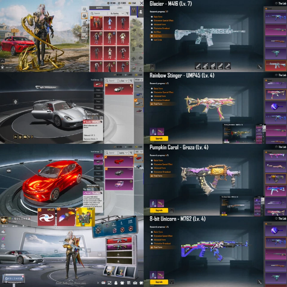 3 辆跑车 | 龙影 XSUIT 3 级 | M4 GC 满级 | M762 4 级 | M24 4 级 | UMP 4 级 | Groza 4 级 | M16 咆哮 3 级 | 2 次大厅